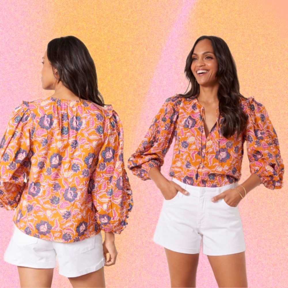 cleobella • talia blouse in tropique orange paisley floral block print l
